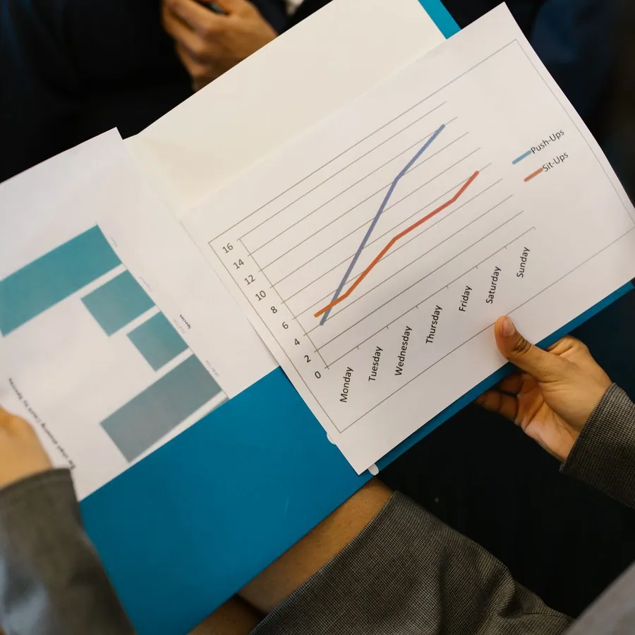 Relatórios com gráficos analisados durante uma reunião de trabalho